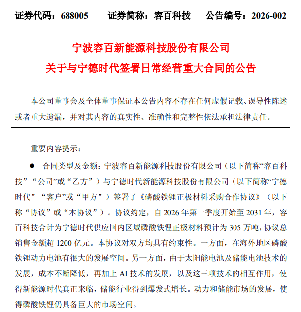 305万吨磷酸铁锂大单敲定！价值1200亿元